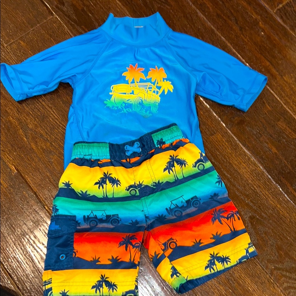 UVSkinz SPF50 Kids Swim Set with Blue & Multicolor jeep rash guard and trunks 4
